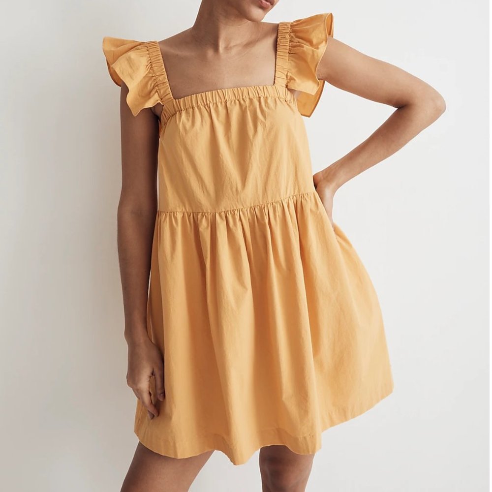 Madewell Yellow Flutter-Sleeve Square-Neck Mini Dress NWT
